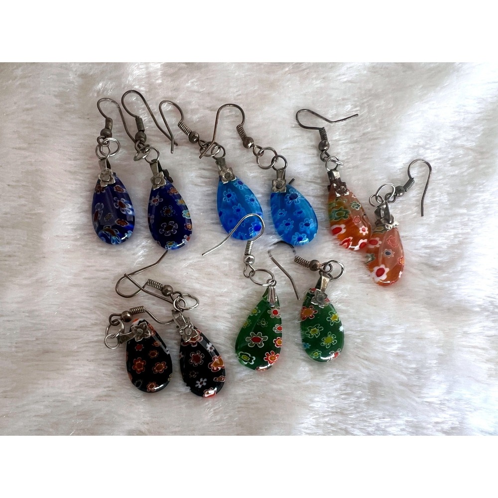 Lot 5 Pair Millefiori Glass Drop Earrings Colorful Floral Teardrop Dangle Boho